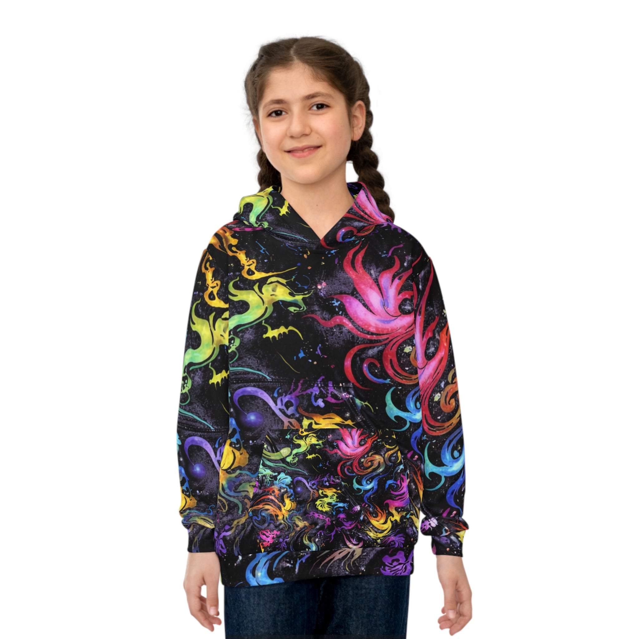Kids Hoodie — Neon Galaxy Swirl All-Over Print