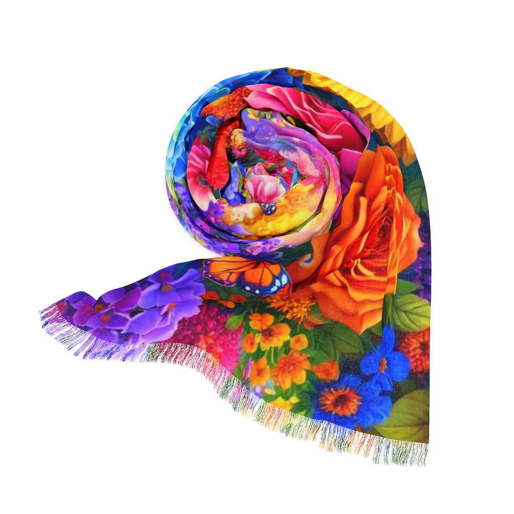 Lett skjerf med livlig blomsterprint – Fargerik rose- og sommerfuglhage-wrap