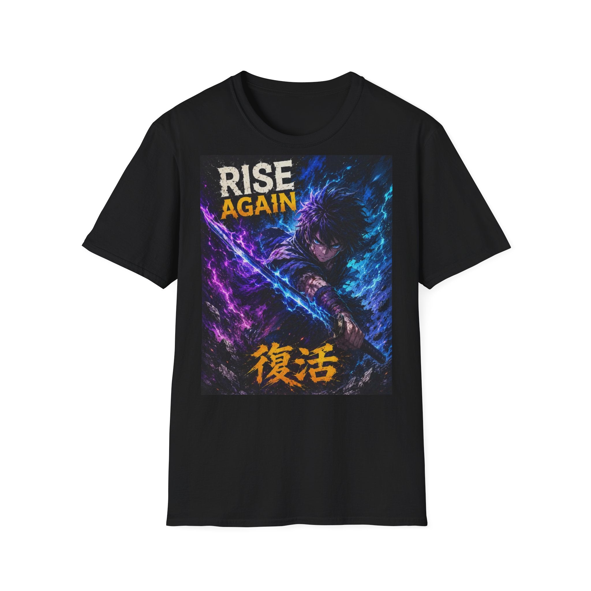 Lev Rise Again Graphic T-Shirt — Anime Sword Warrior with "復活" (Resurrection)