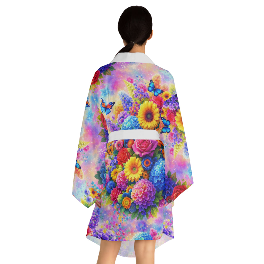 Floral sommerfugl kimono – Fargerikt heldekkende trykk med lange ermer