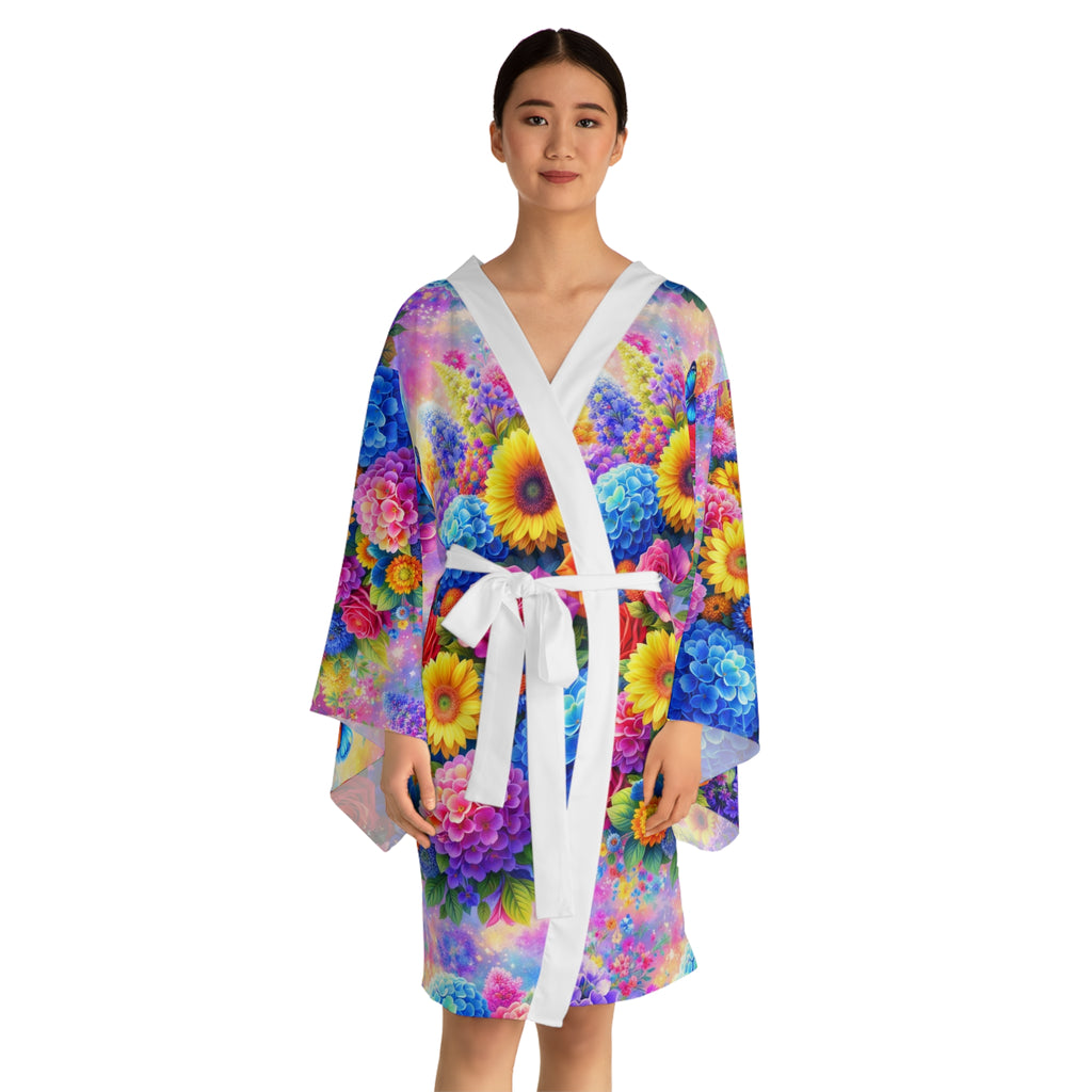 Floral sommerfugl kimono – Fargerikt heldekkende trykk med lange ermer