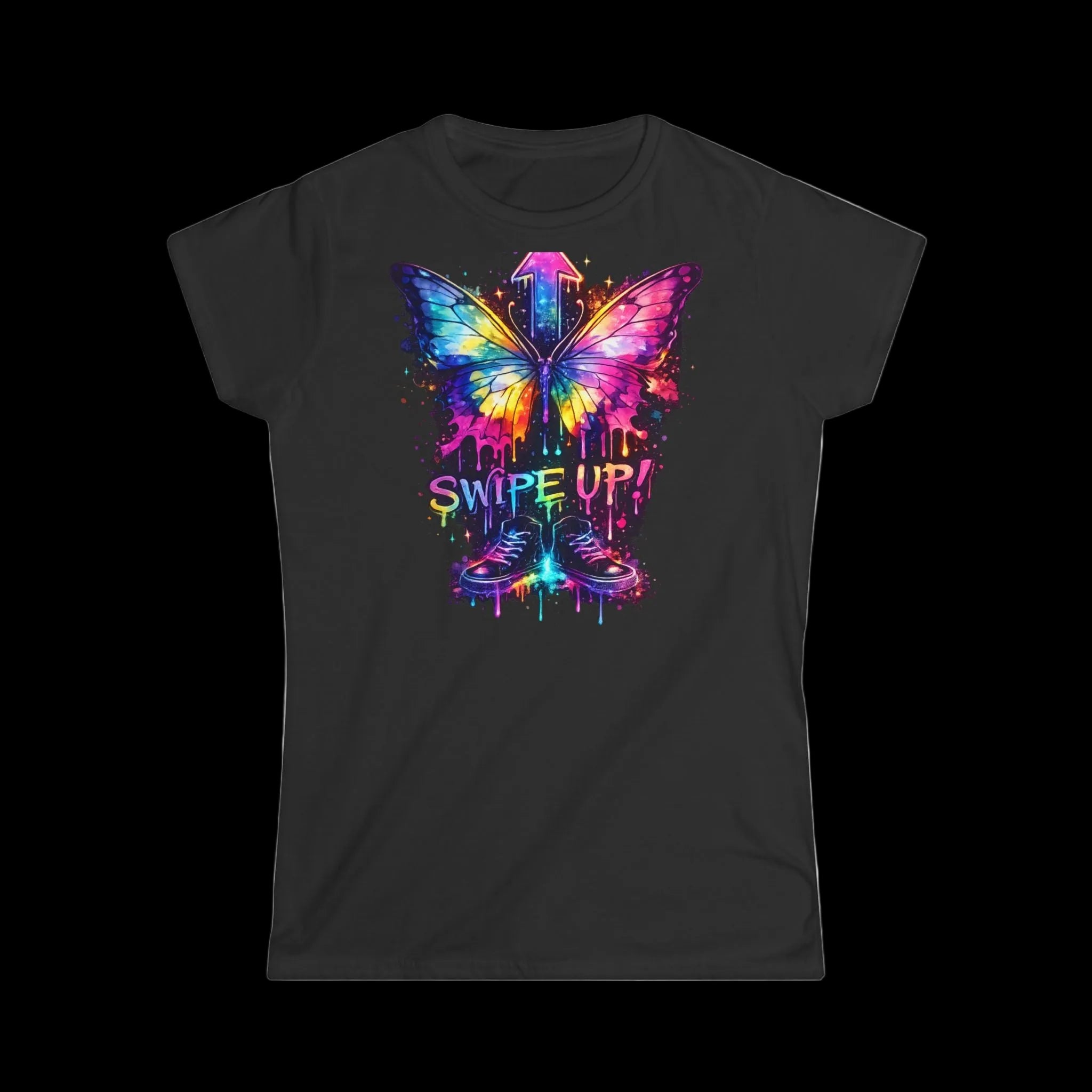 Butterfly Paint Drip – Grafisk T-skjorte for dame med «Sveip opp!»-motiv