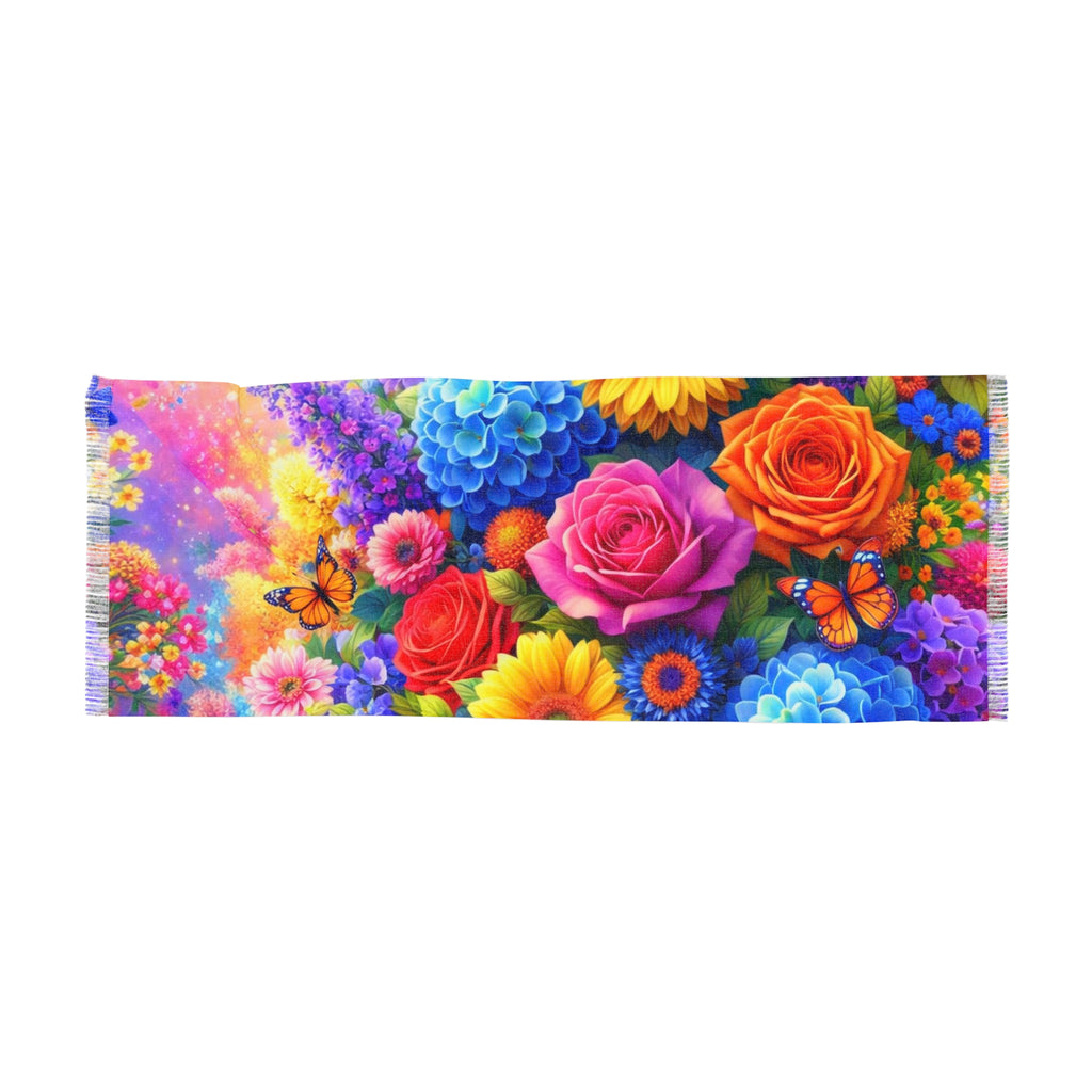 Lett skjerf med livlig blomsterprint – Fargerik rose- og sommerfuglhage-wrap