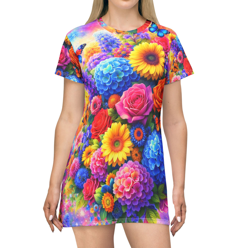 Floral Burst T-skjortekjole – Fargerikt heldekkende blomsterbukett-print