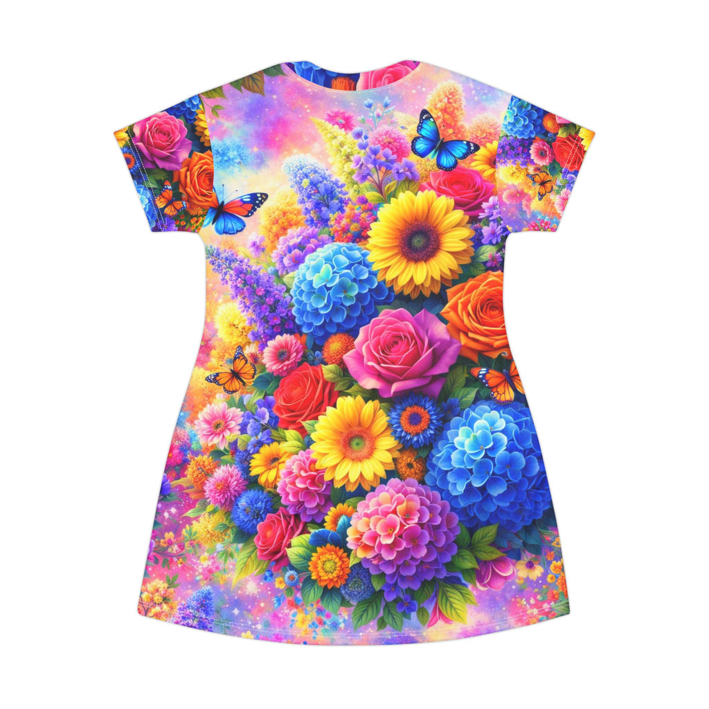 Floral Burst T-skjortekjole – Fargerikt heldekkende blomsterbukett-print