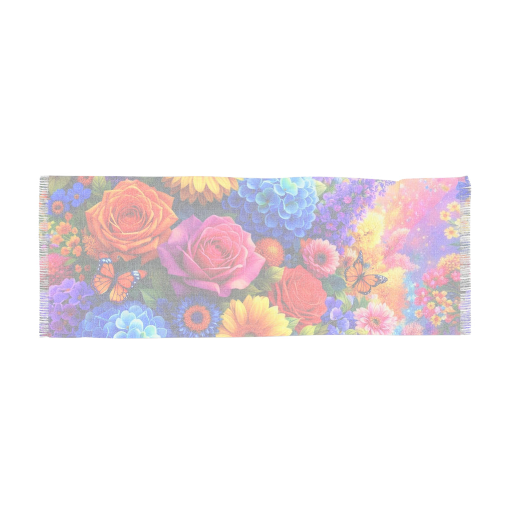 Lett skjerf med livlig blomsterprint – Fargerik rose- og sommerfuglhage-wrap