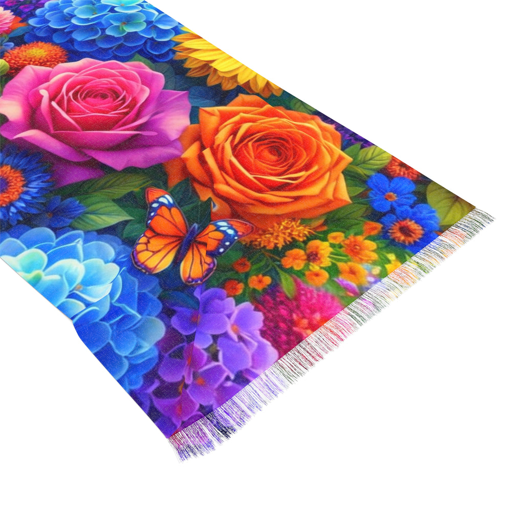 Lett skjerf med livlig blomsterprint – Fargerik rose- og sommerfuglhage-wrap